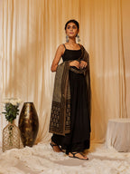 InWeave Women's Black Strappy Kurta Palazzo Set With Green Boota Dupatta