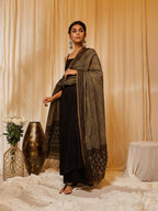InWeave Women's Black Strappy Kurta Palazzo Set With Green Boota Dupatta