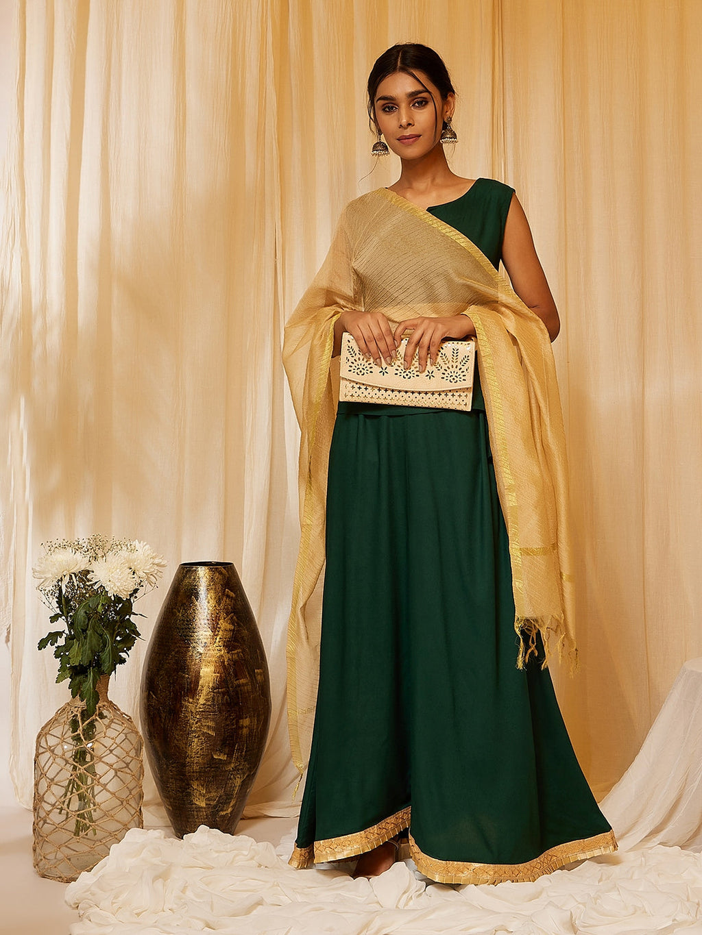 InWeave Bottle Green Skirt Top Set - Distacart