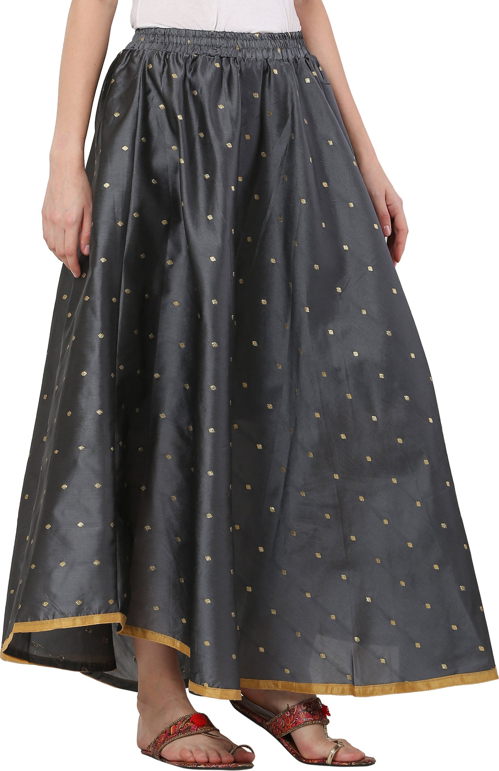 PAVONINE Grey Color Golden Zari Work Satan Fabric Maxi Skirt For Women - Distacart