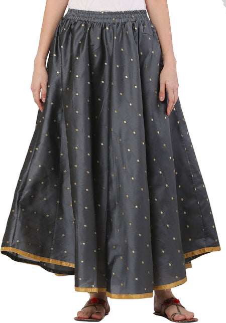 PAVONINE Grey Color Golden Zari Work Satan Fabric Maxi Skirt For Women