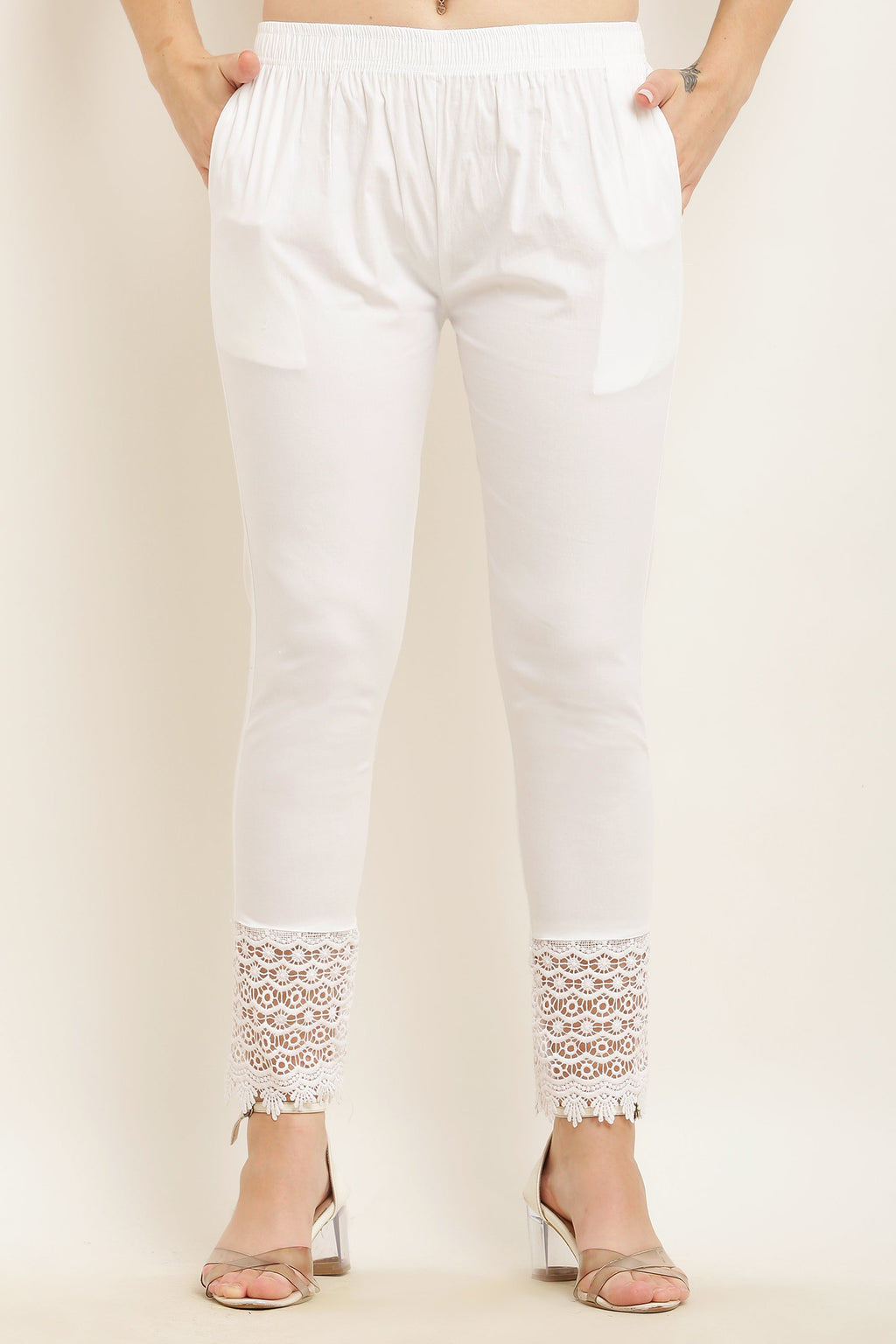 PAVONINE White Color Dot Kirosia Lace Hem Cotton Fabric Palazzo For Women - Distacart
