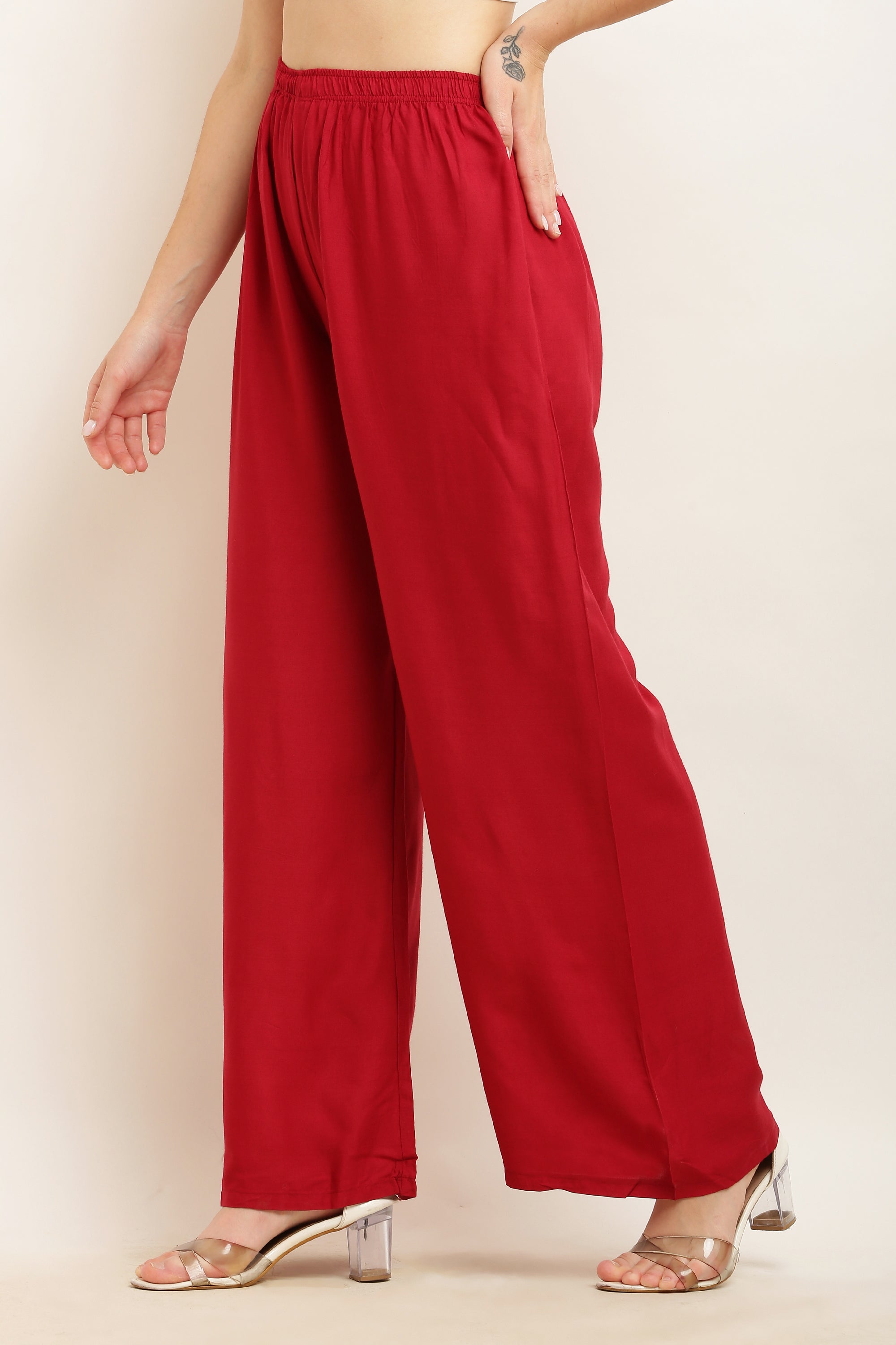 PAVONINE Maroon Color Straight Fit Rayon Fabric Palazzo - Distacart