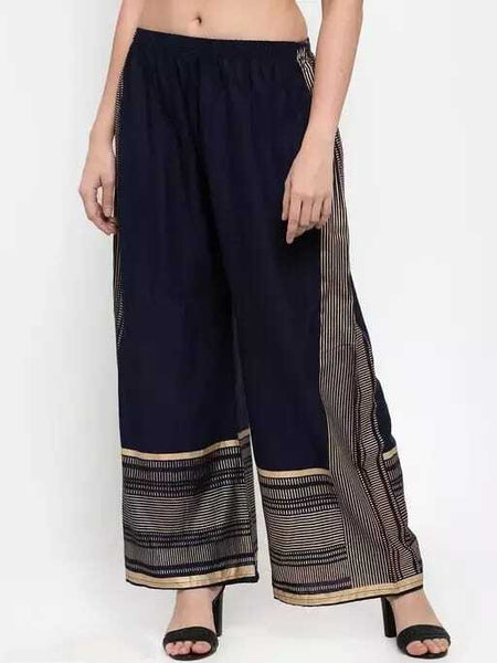 PAVONINE Navy Blue Color Rayon Fabric Side Print Palazzo For Women