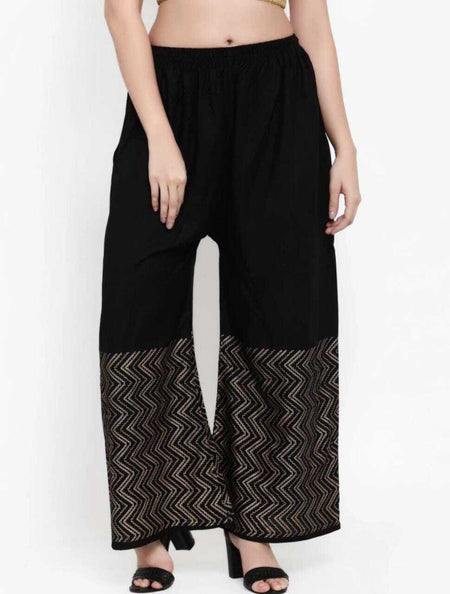 PAVONINE Black Color Rayon Fabric Zig-Zag Printed Palazzo For Women