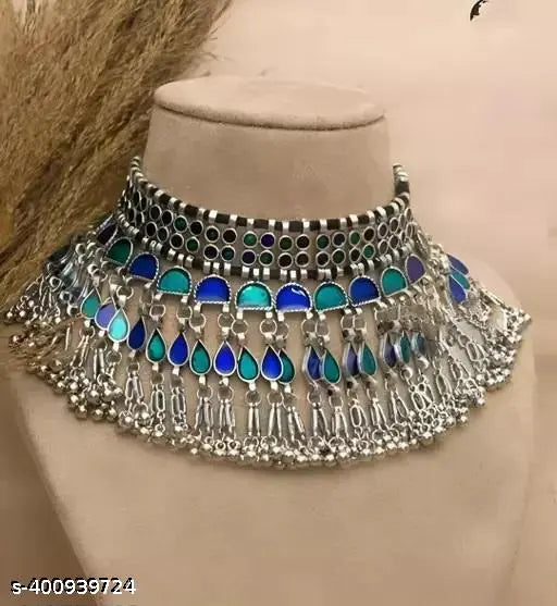 Tehzeeb Creations Women's Silver Colour Oxidised Necklace Set With Blue Colour Meenakari Work