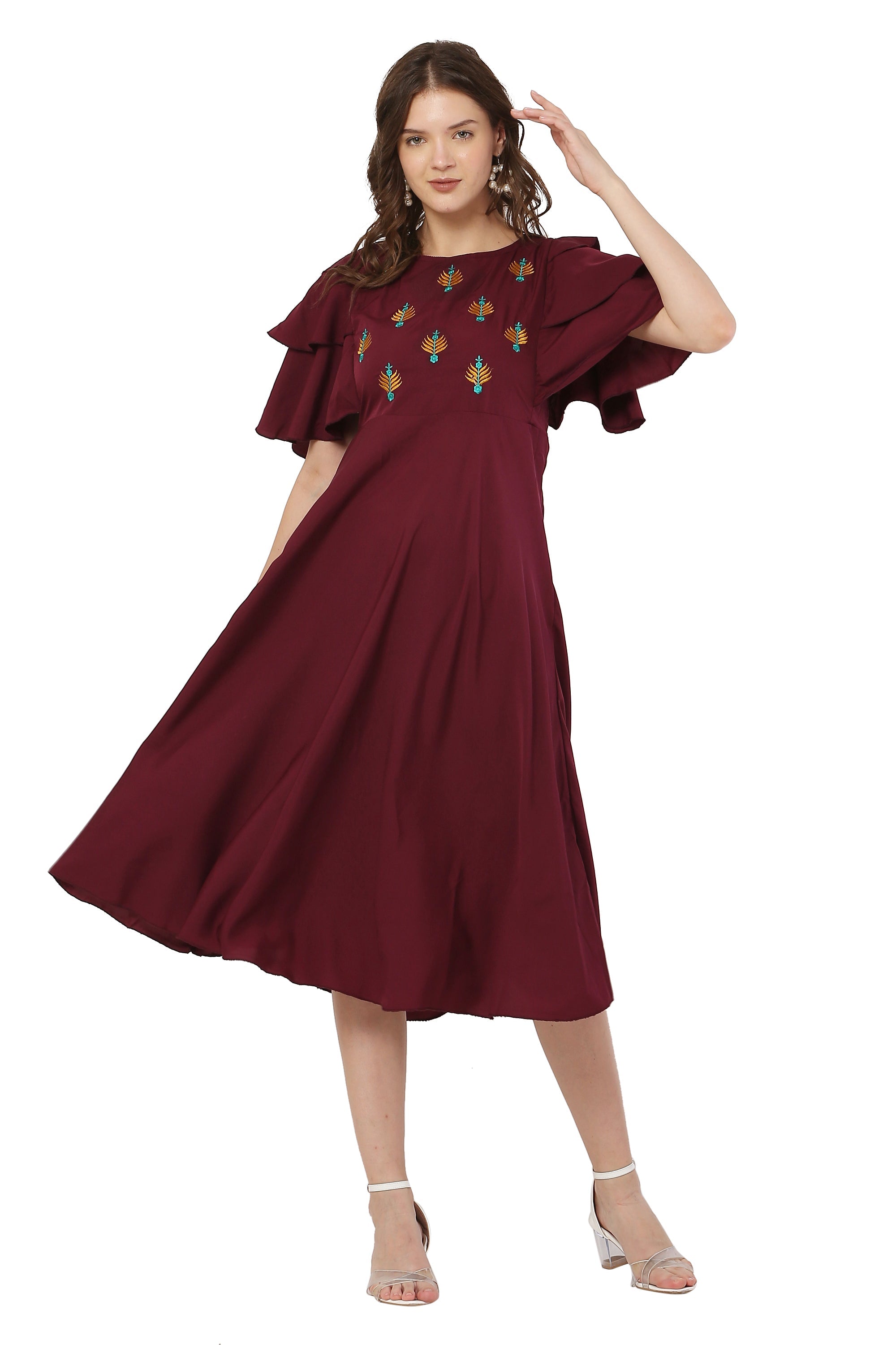 PAVONINE Maroon Color Crepe Fabric Embroidery Dress For Women - Distacart