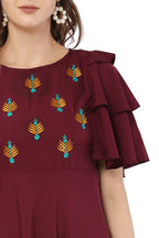 PAVONINE Maroon Color Crepe Fabric Embroidery Dress For Women - Distacart