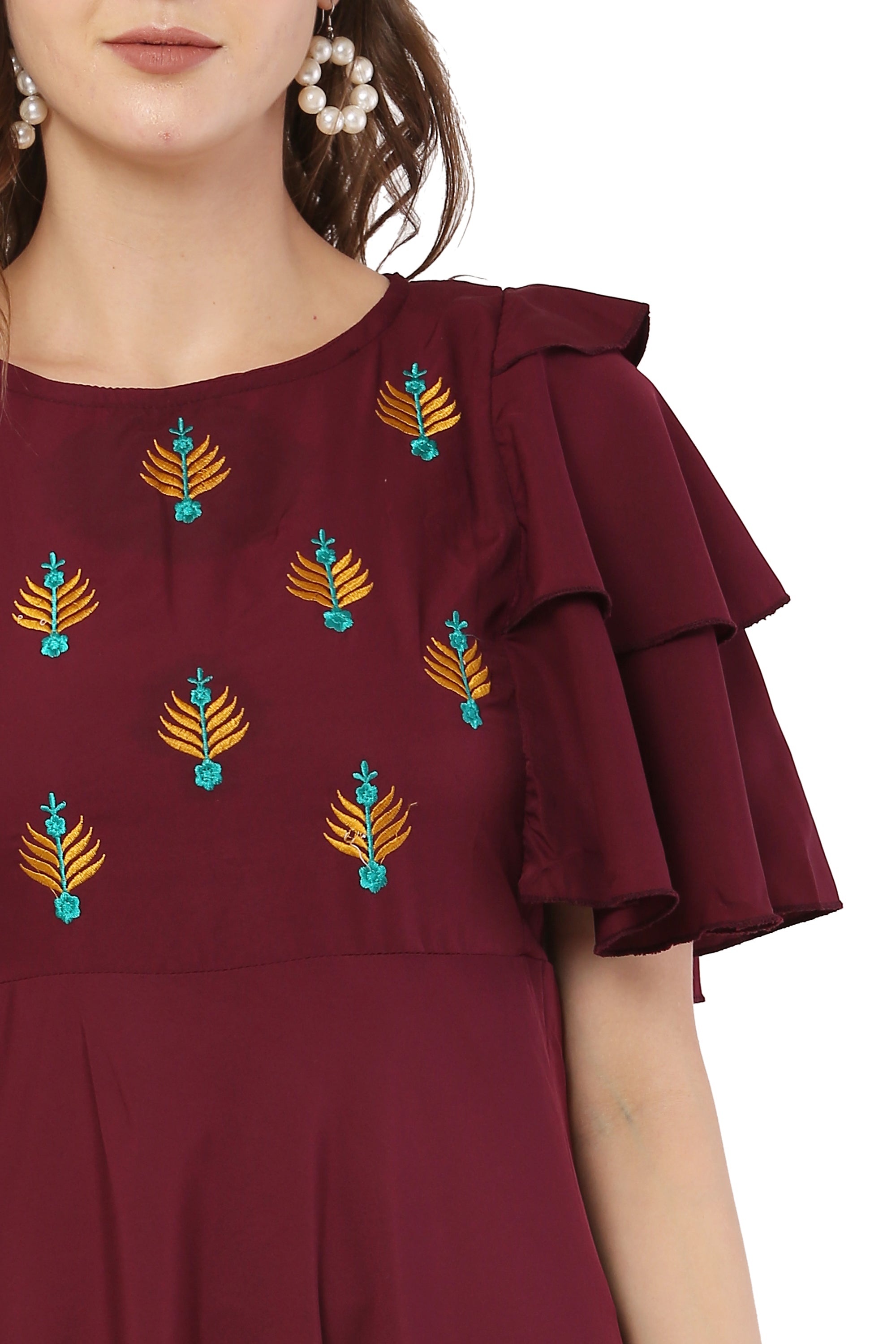 PAVONINE Maroon Color Crepe Fabric Embroidery Dress For Women - Distacart