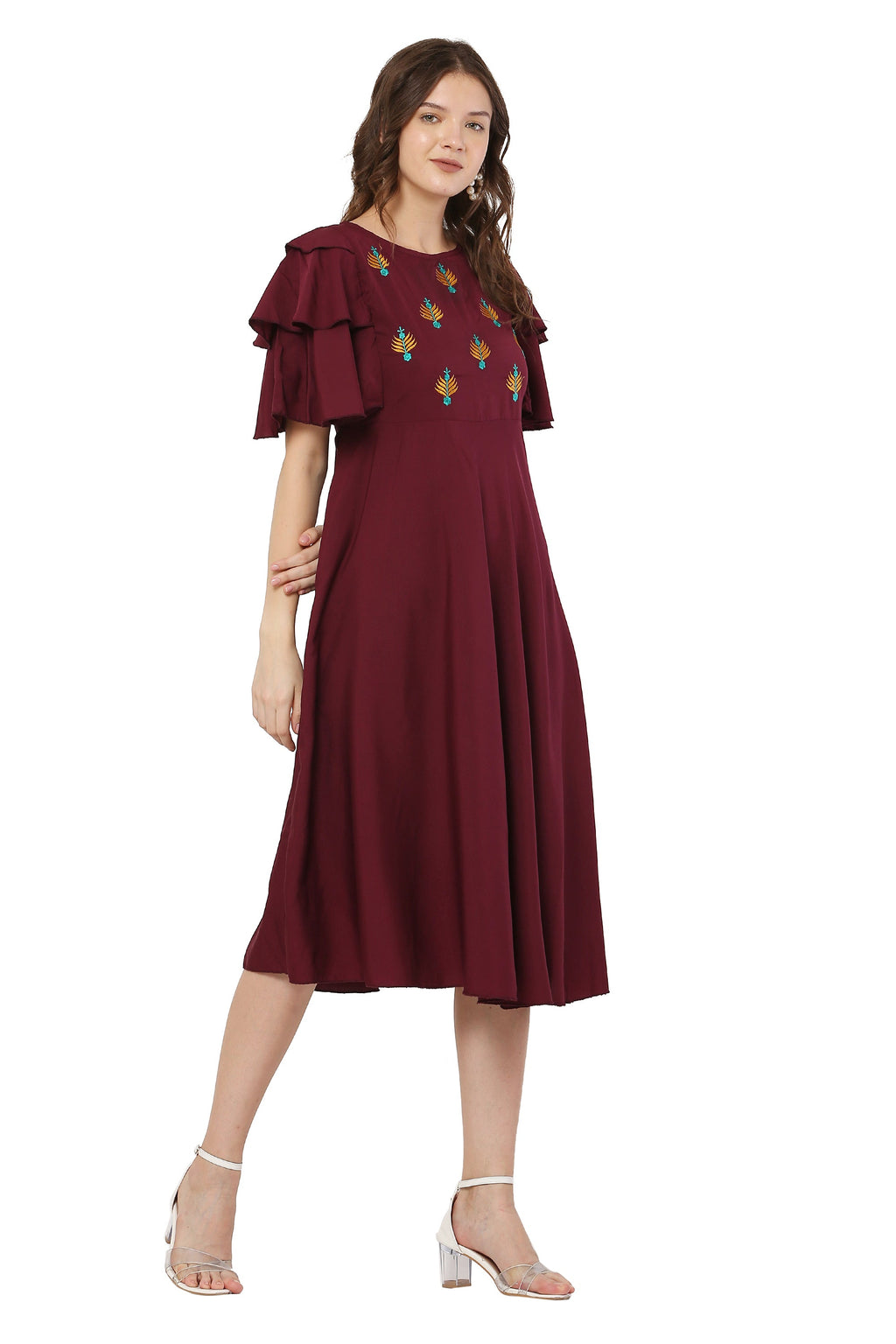 PAVONINE Maroon Color Crepe Fabric Embroidery Dress For Women - Distacart