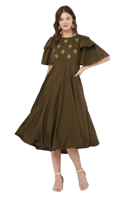 PAVONINE Mehandi Green Color Crepe Fabric Embroidery Dress For Women