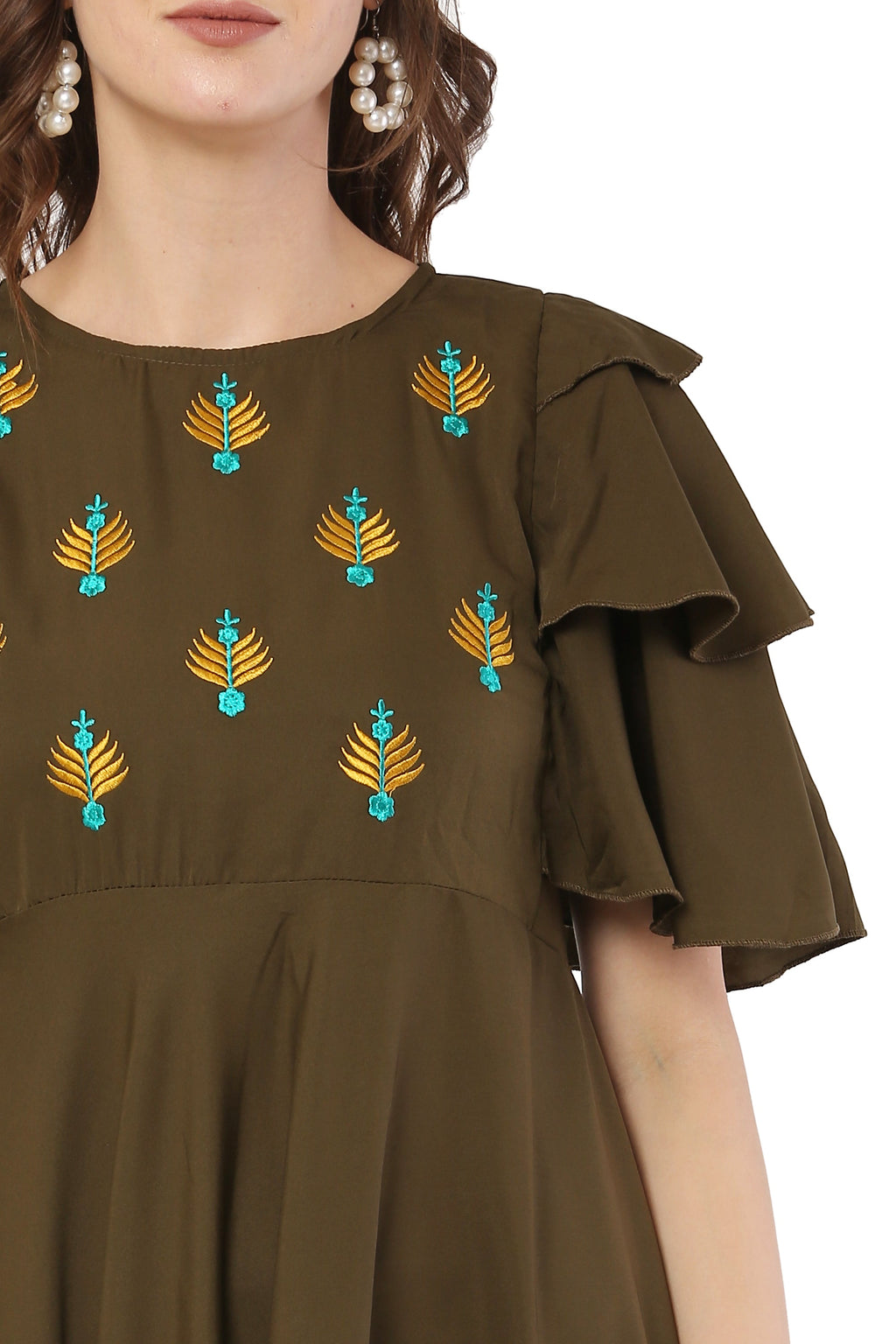 PAVONINE Mehandi Green Color Crepe Fabric Embroidery Dress For Women - Distacart