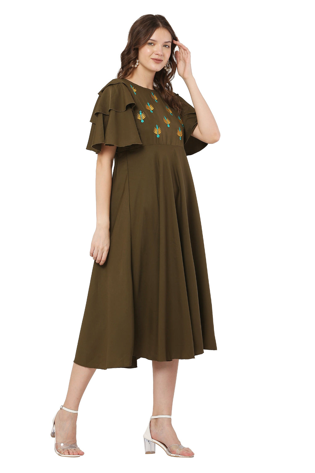 PAVONINE Mehandi Green Color Crepe Fabric Embroidery Dress For Women - Distacart