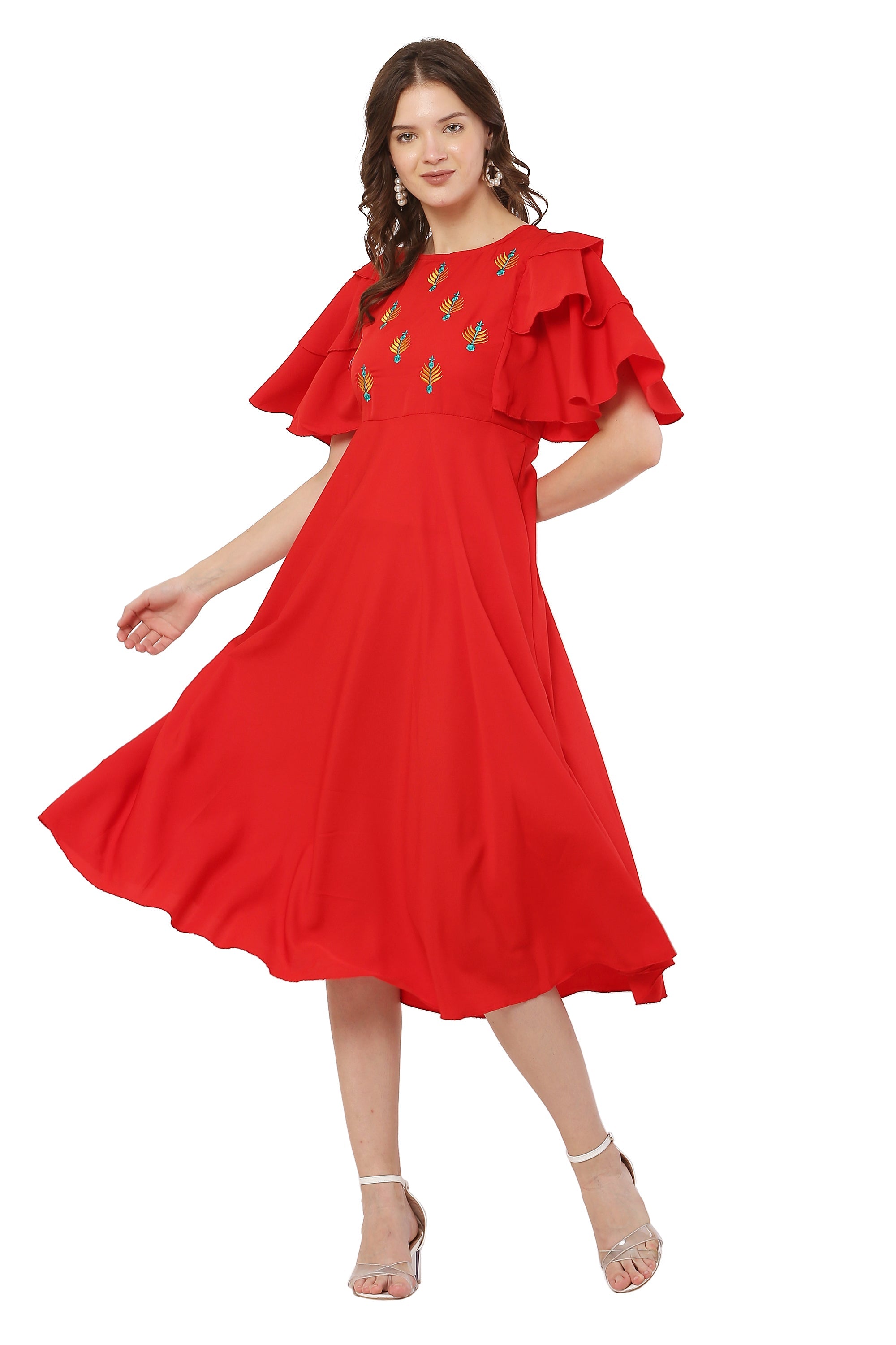 PAVONINE Red Color Crepe Fabric Embroidery Dress For Women - Distacart