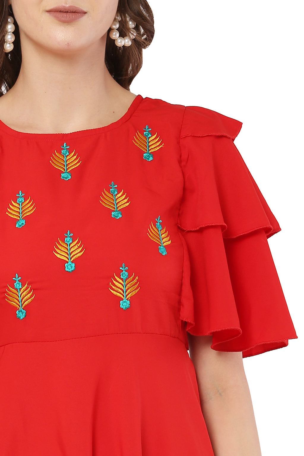 PAVONINE Red Color Crepe Fabric Embroidery Dress For Women - Distacart