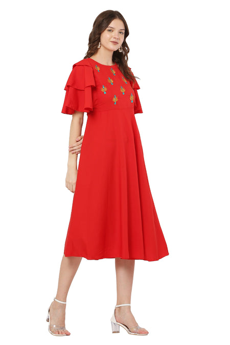PAVONINE Red Color Crepe Fabric Embroidery Dress For Women