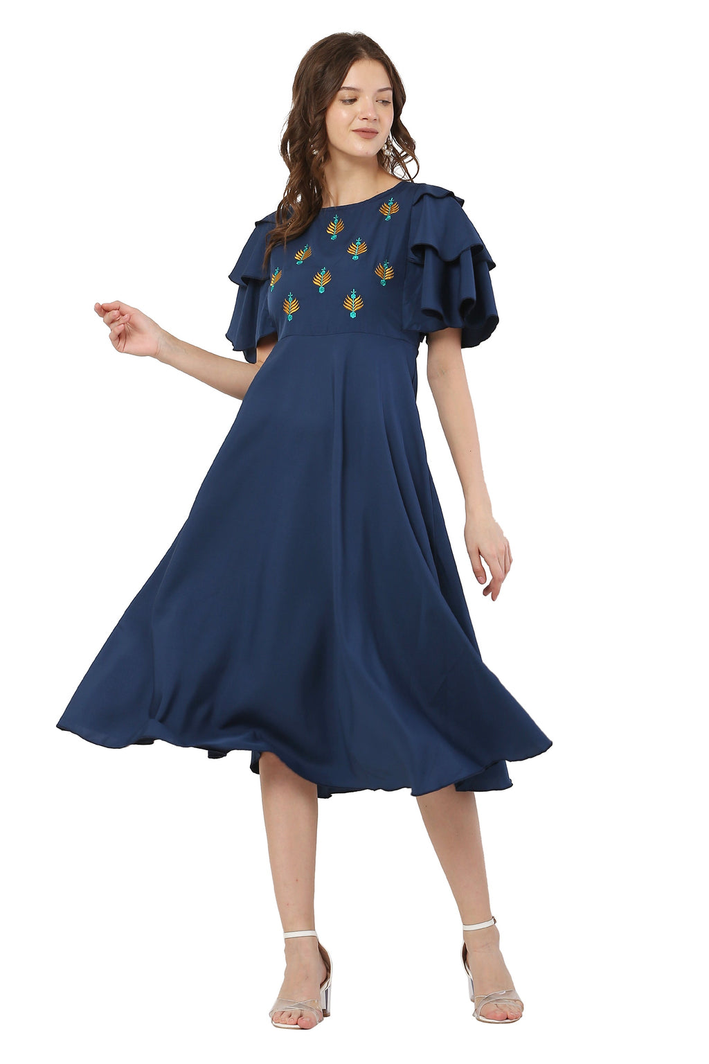 PAVONINE Navy Blue Color Crepe Fabric Embroidery Dress For Women - Distacart