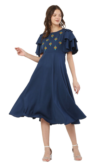 PAVONINE Navy Blue Color Crepe Fabric Embroidery Dress For Women