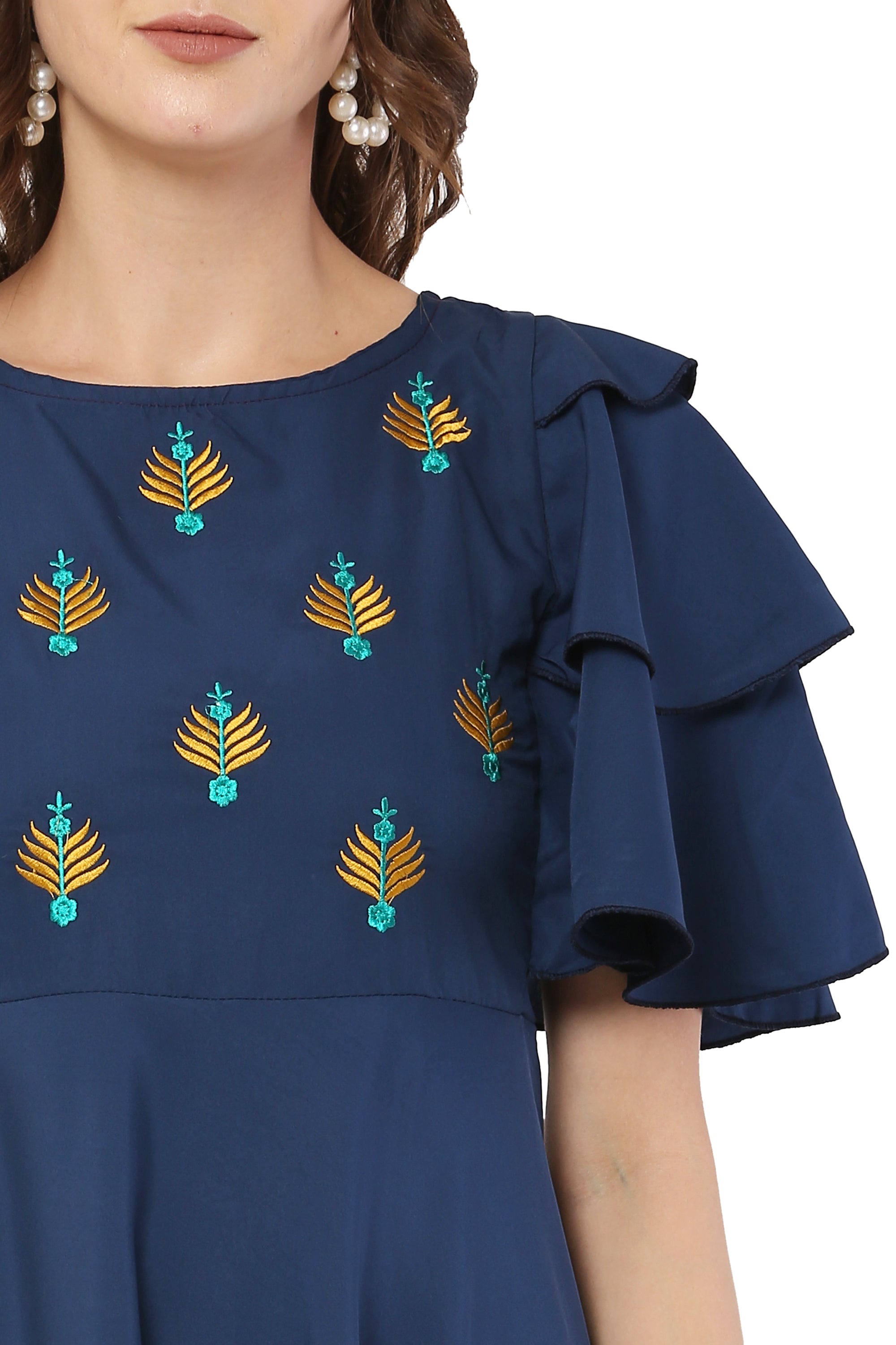 PAVONINE Navy Blue Color Crepe Fabric Embroidery Dress For Women - Distacart