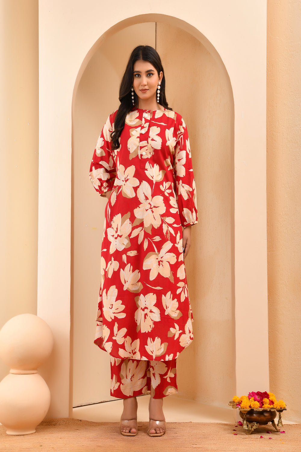 Vaasva Women Cherry Red Floral Aline Printed Cord Set - Distacart