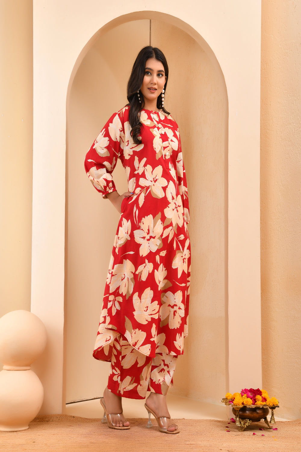 Vaasva Women Cherry Red Floral Aline Printed Cord Set - Distacart