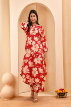 Vaasva Women Cherry Red Floral Aline Printed Cord Set - Distacart