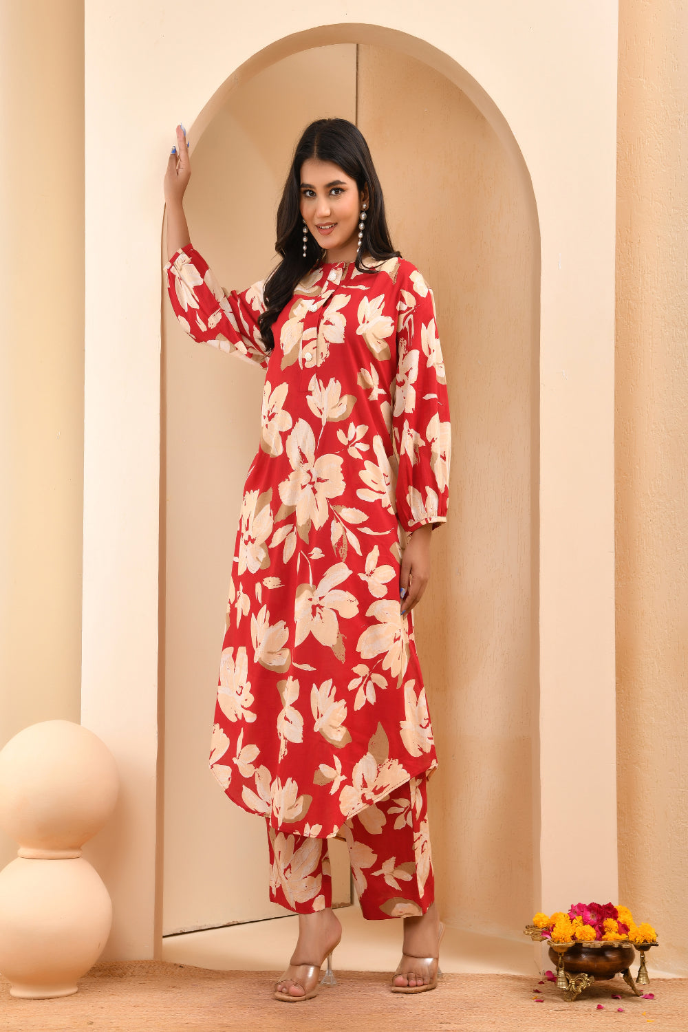 Vaasva Women Cherry Red Floral Aline Printed Cord Set - Distacart