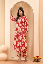 Vaasva Women Cherry Red Floral Aline Printed Cord Set - Distacart