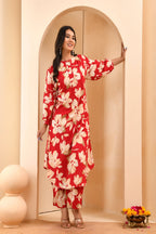 Vaasva Women Cherry Red Floral Aline Printed Cord Set - Distacart