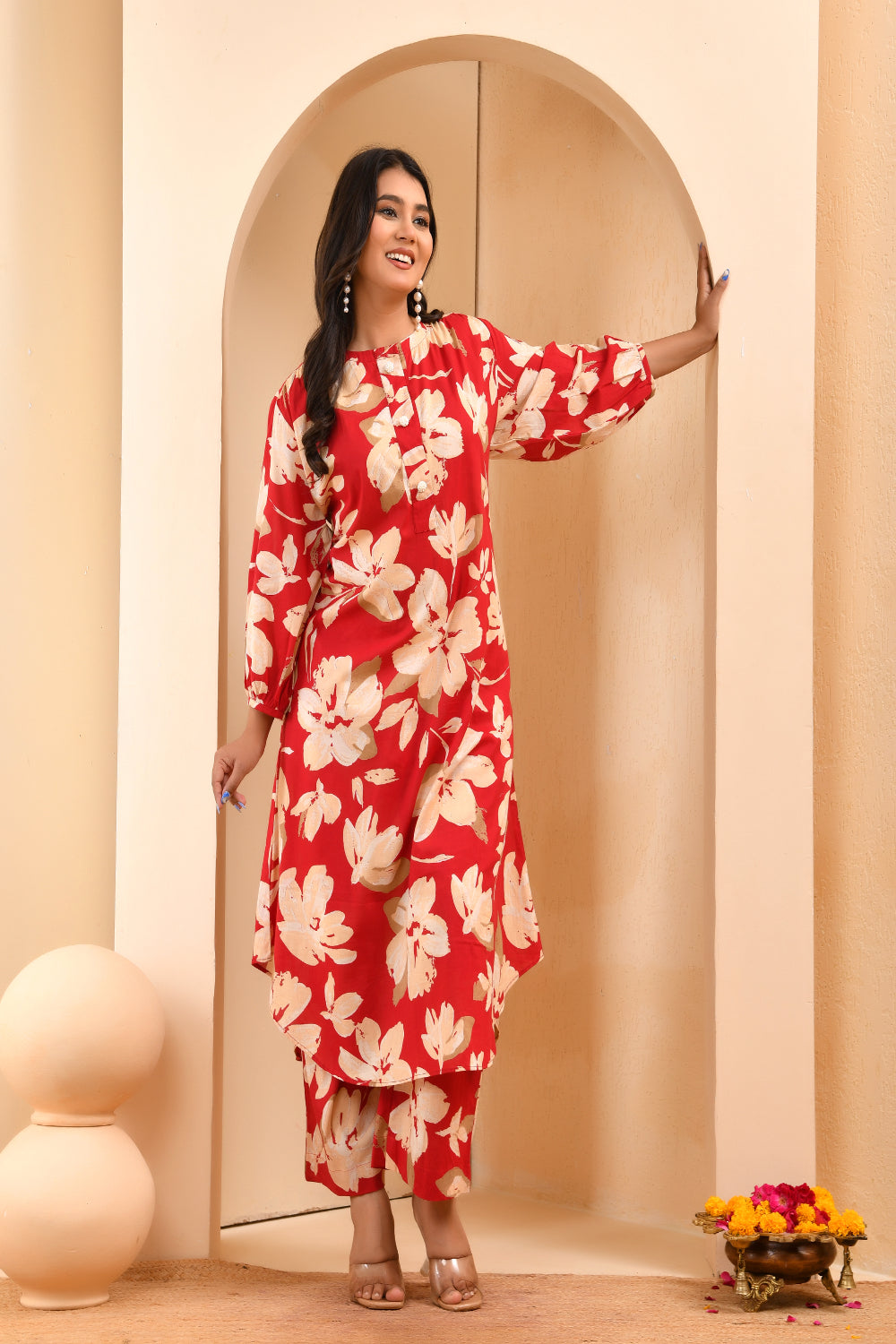Vaasva Women Cherry Red Floral Aline Printed Cord Set - Distacart
