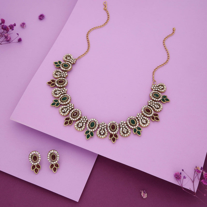 Tehzeeb Creations Gold-Polished Green And Maroon Colour Choker With Dangle Earrings
