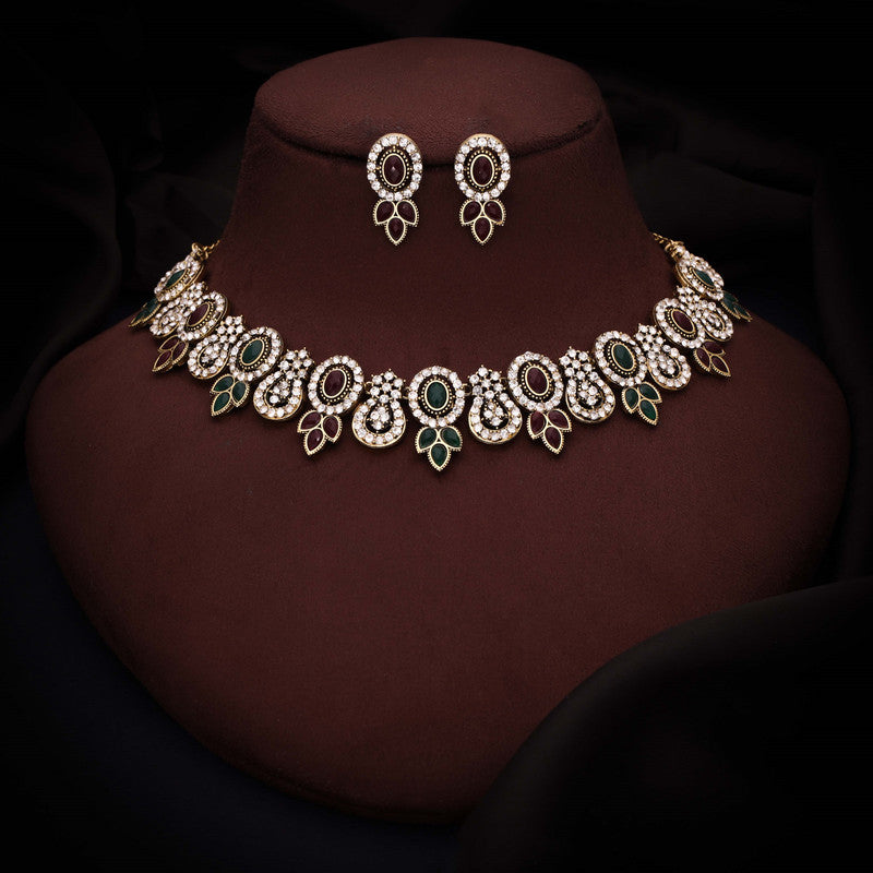 Tehzeeb Creations Gold-Polished Green And Maroon Colour Choker With Dangle Earrings
