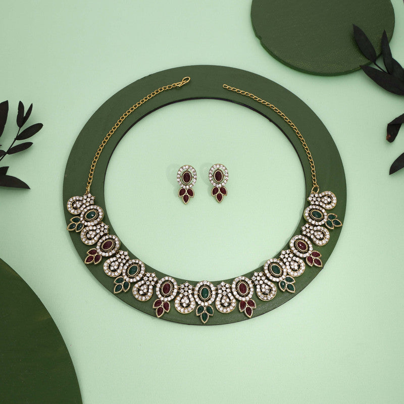 Tehzeeb Creations Gold-Polished Green And Maroon Colour Choker With Dangle Earrings