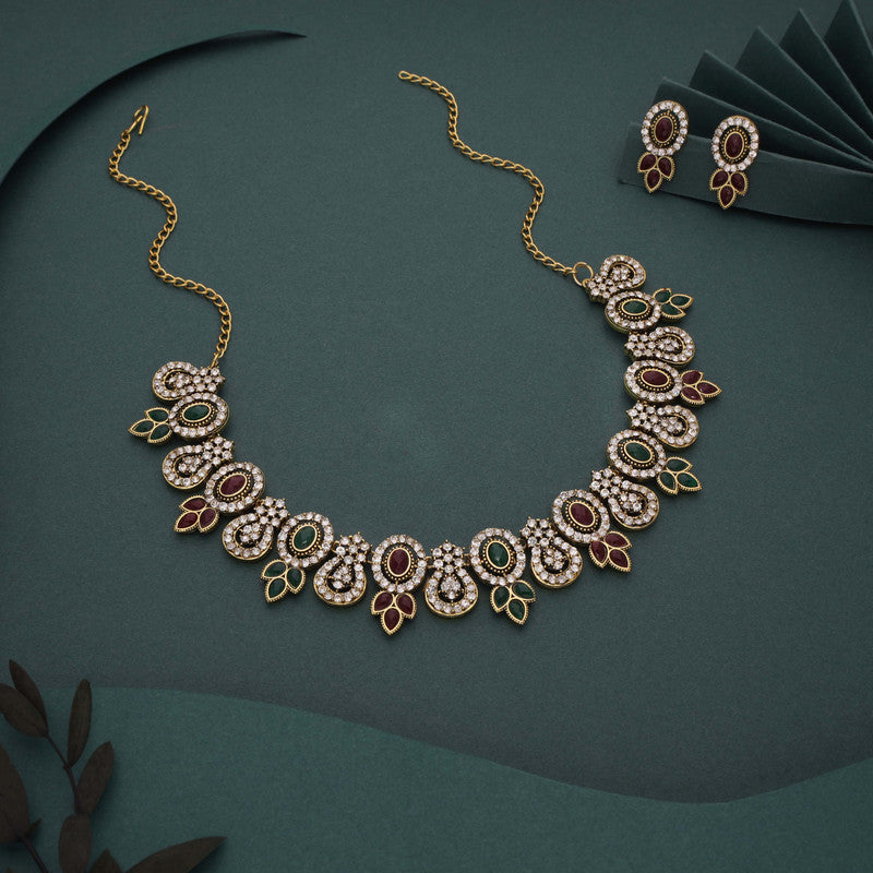 Tehzeeb Creations Gold-Polished Green And Maroon Colour Choker With Dangle Earrings