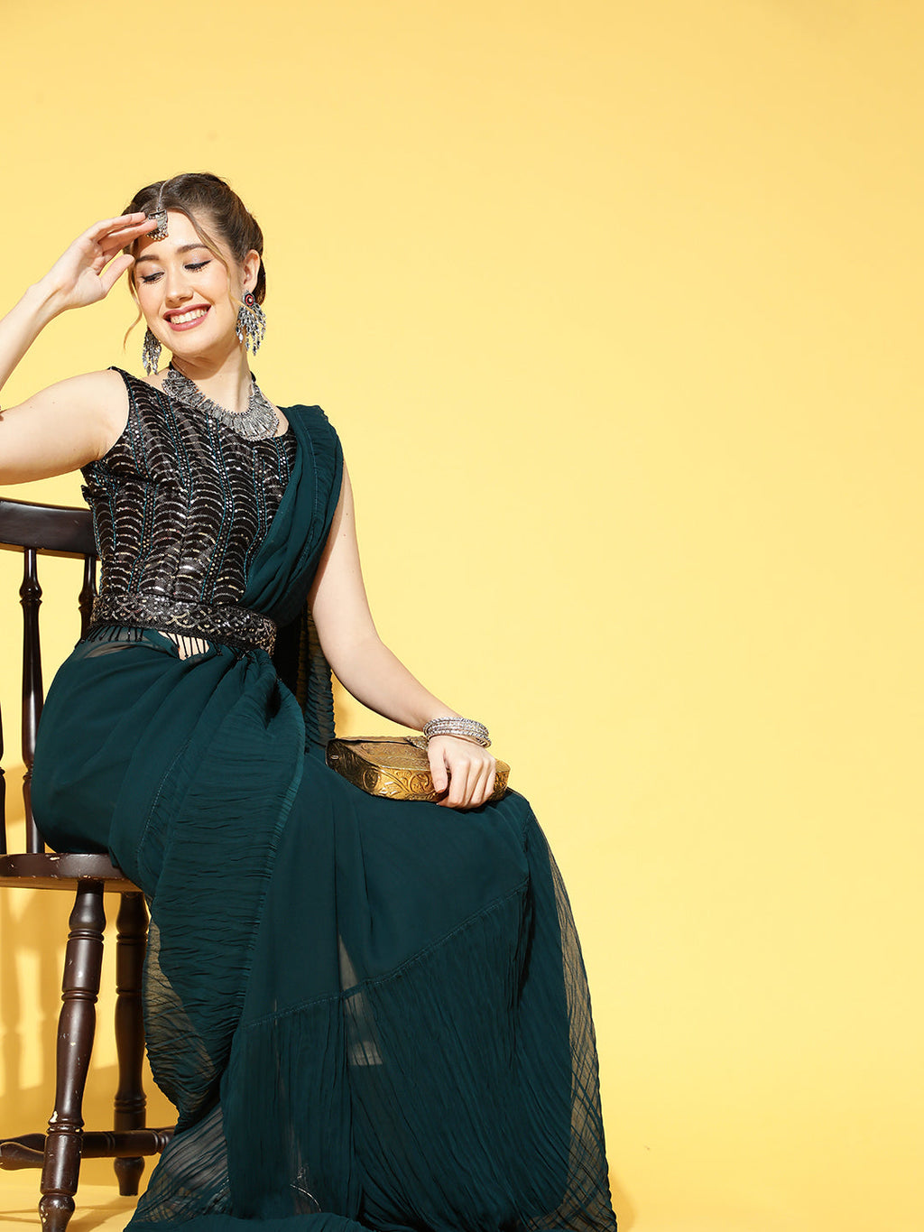 Saree Mall Teal Green & Black Solid Poly Georgette Party Saree with Matching Blouse - Distacart