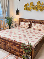 URBAN SPACE Divine White Ethnic Motifs 144 TC Cotton Queen Bedsheet & 2 Pillow Covers