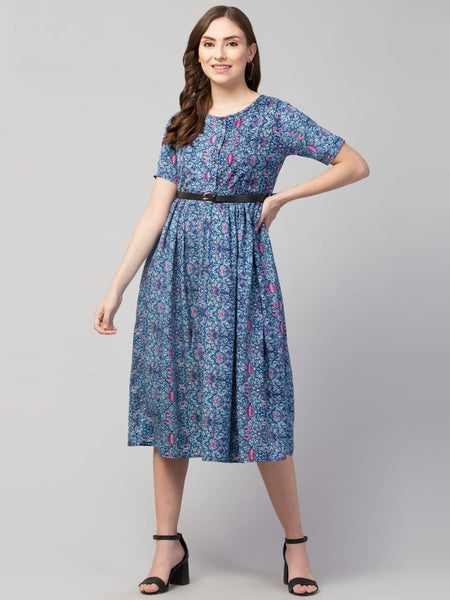 PAVONINE Blue Color Jaipuri Print Belt Dress For Women
