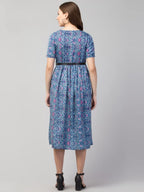 PAVONINE Blue Color Jaipuri Print Belt Dress For Women - Distacart