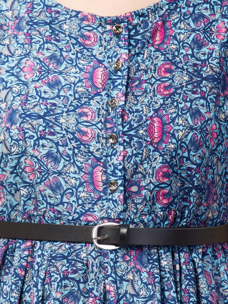 PAVONINE Blue Color Jaipuri Print Belt Dress For Women - Distacart