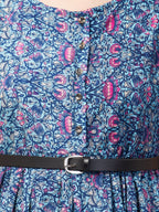 PAVONINE Blue Color Jaipuri Print Belt Dress For Women - Distacart