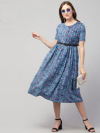 PAVONINE Blue Color Jaipuri Print Belt Dress For Women - Distacart