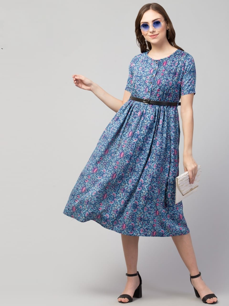 PAVONINE Blue Color Jaipuri Print Belt Dress For Women - Distacart