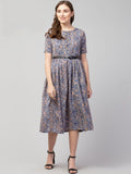 PAVONINE Grey Color Jaipuri Print Belt Dress For Women - Distacart