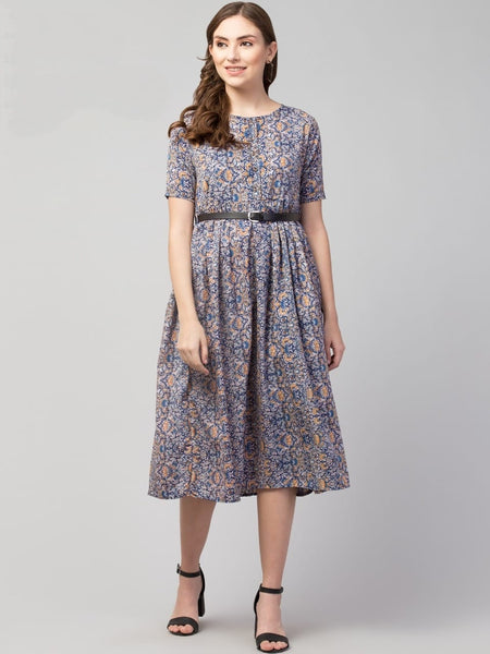 PAVONINE Grey Color Jaipuri Print Belt Dress For Women