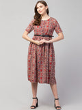 PAVONINE Maroon Color Jaipuri Print Belt Dress For Women - Distacart