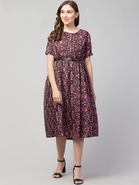 PAVONINE Wine Color Jaipuri Print Belt Dress For Women