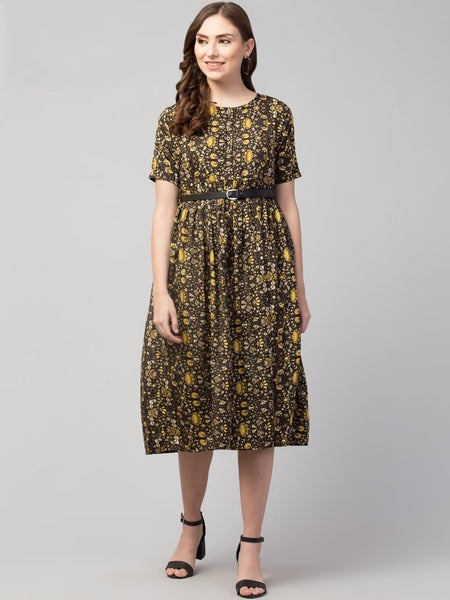 PAVONINE Yellow Color Jaipuri Print Belt Dress For Women