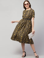PAVONINE Yellow Color Jaipuri Print Belt Dress For Women - Distacart