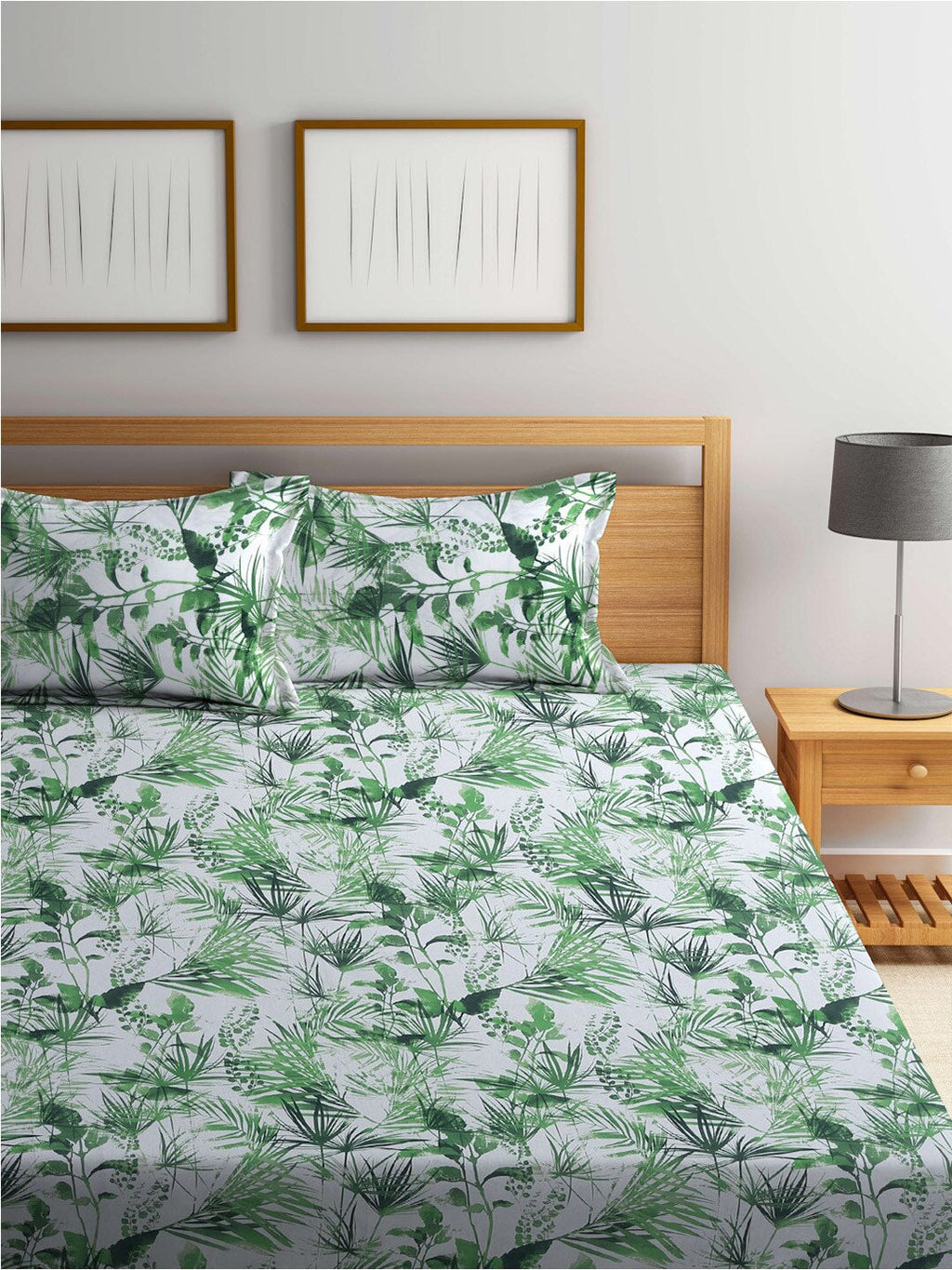 BOMBAY DYEING Serenita Green Printed Cotton 144 TC King Bedsheet with 2 Pillow Covers