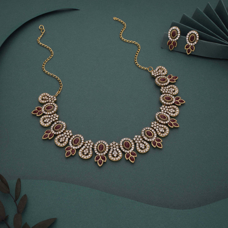 Tehzeeb Creations Gold-Polished Maroon Colour Choker With Dangle Earrings
